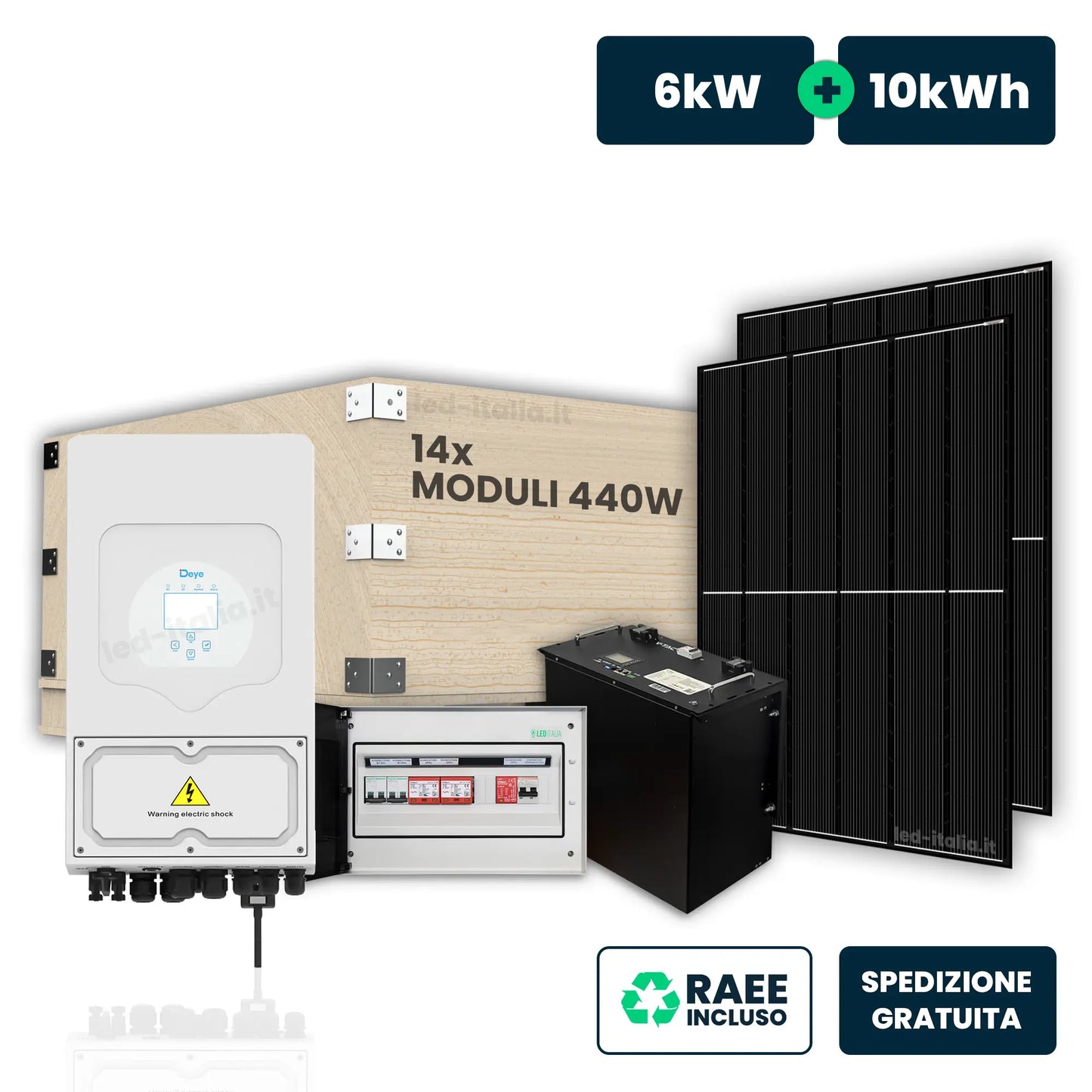 Kit Fotovoltaico Monofase Deye 6kW+10kWh LFP con 14 Pannelli 440W (6.16kW) e Quadro AC/DC