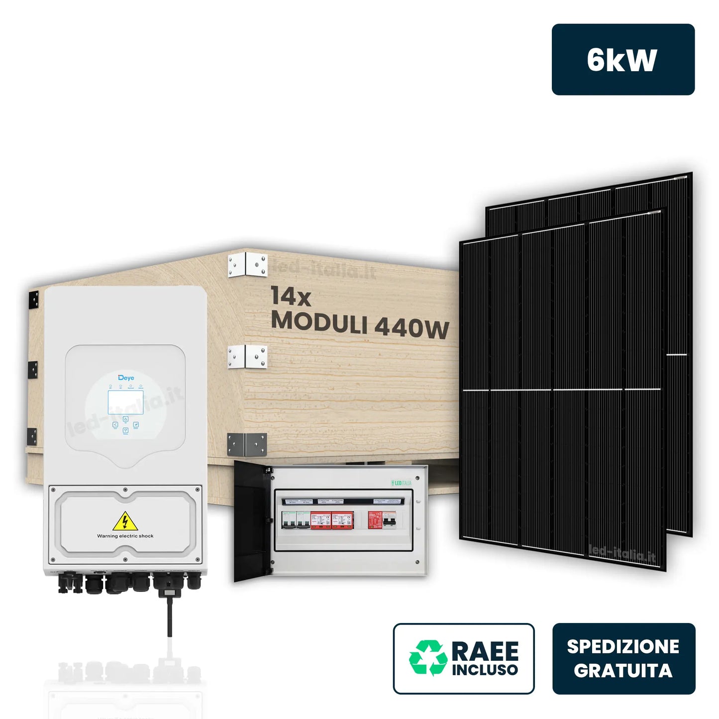 Kit Fotovoltaico Monofase Deye 6kW+10kWh LFP con 14 Pannelli 440W (6.16kW) e Quadro AC/DC