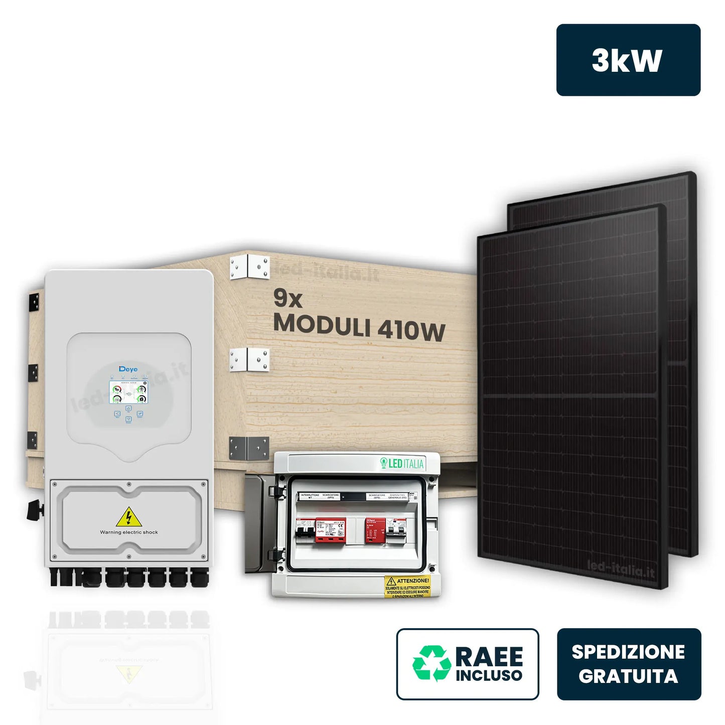 Kit Fotovoltaico Monofase Deye 3kW senza Accumulo con 9 Pannelli 440W (3.87kW) e Quadro AC/DC