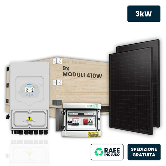 Kit Fotovoltaico Monofase Deye 3kW senza Accumulo con 9 Pannelli 440W (3.87kW) e Quadro AC/DC